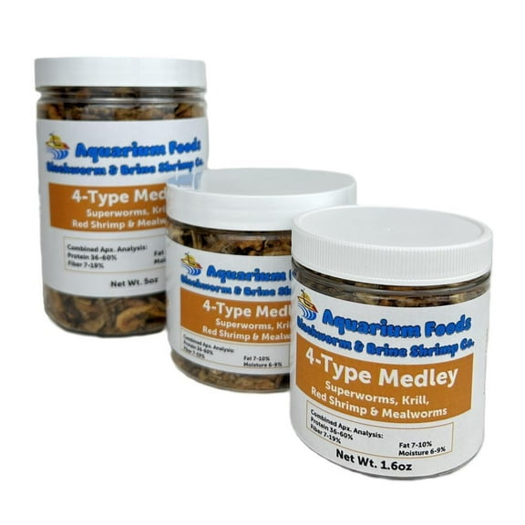 Aquatic Foods Inc. 4-Type Medley Mix of Freeze Dried Superworms, Arctic Krill, Red River Shrimp & Mealworms for Monster Fish, Aquatic Turtles, Reptiles, Rodents5oz Lg Round Jar