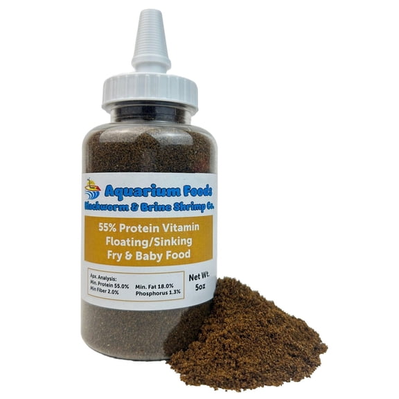 55% Protein Vitamin Rich Powder forFry & Baby Growth for All Fish, Baby Cichlids, Bettas, Tetras, Guppies, Goldfish, Baby Koi - 5oz Squeeze Bottle