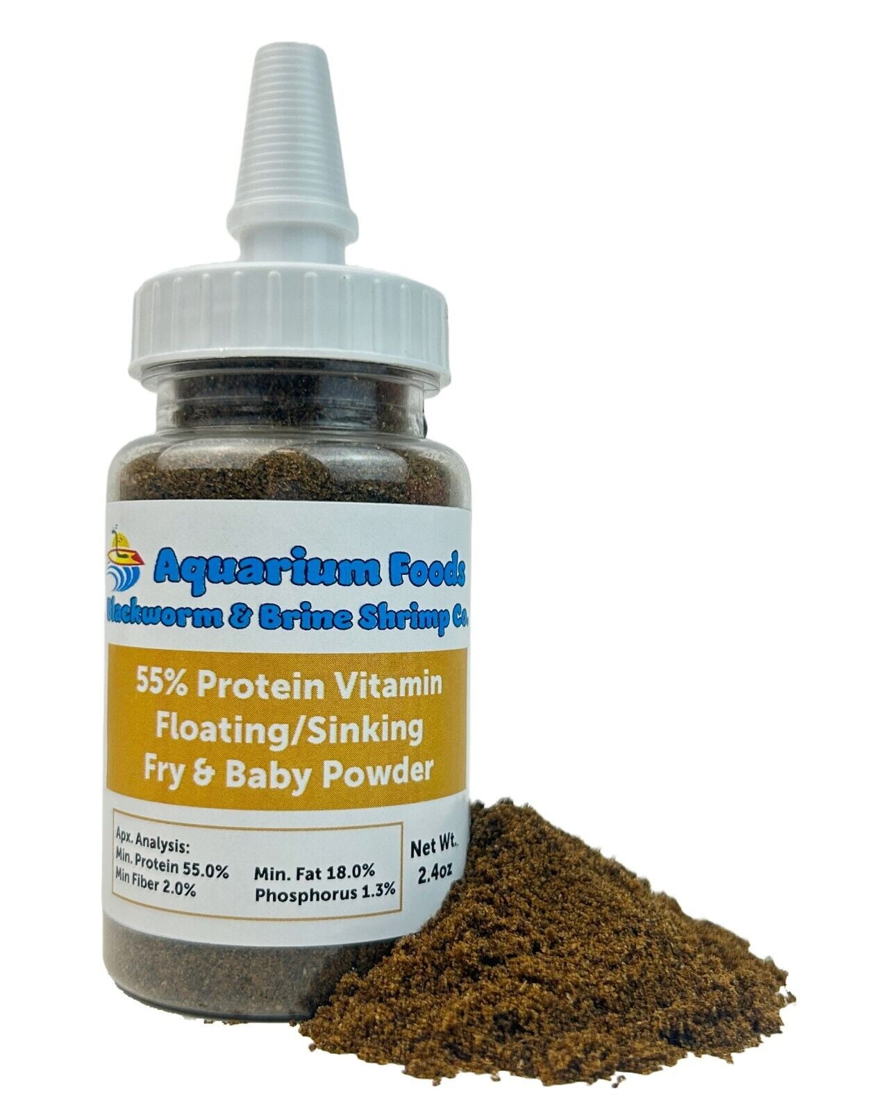 Aquatic Foods Inc. 55% Protein Vitamin Rich Fine Powder Fry & Baby Growth Food for All Community Tropical Fish, Baby Cichlids, Bettas, Tetras, Guppies, Goldfish, Baby Koi2.4oz Squeeze Bottle