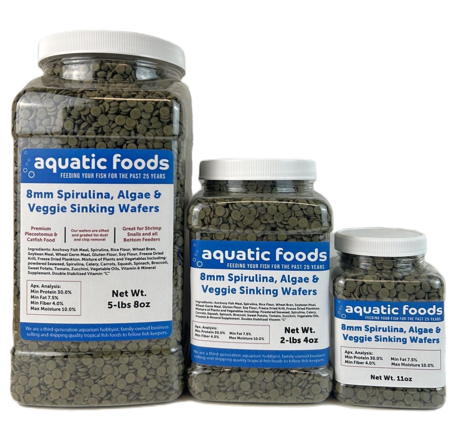 Aquatic Foods Inc. 8mm - 1/3" Spirulina & Green Algae Sinking Wafers for Shrimp, Snails, Crabs, Crayfish, Plecos, Catfish, Bottom Fish, All Tropical Fish...WL 5-lbs 8oz Lg Jar