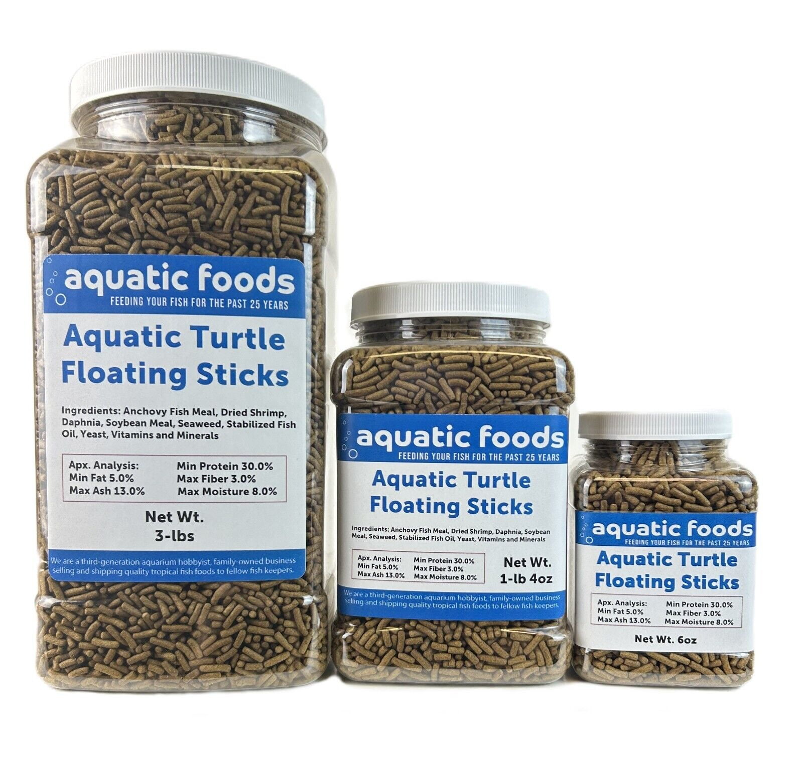 Aquatic Foods Inc. Aquatic Turtle 3/8" x 1/8" 30% Protein Floating Sticks for Aquatic & Semi Aquatic Red Ear, Painted. Map, Soft Shell Pond Turtles...WL 1-lb 4oz Med Jar