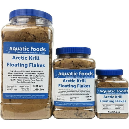 Aquatic Foods Inc. Arctic Krill Flakes with Natural Carotenoids & Astaxanthin to Enhance the Vibrant Colors of Fish, for All Tropical and Marine Fish also Pellet Mix, Wafer Mix Included…1-lb 2oz