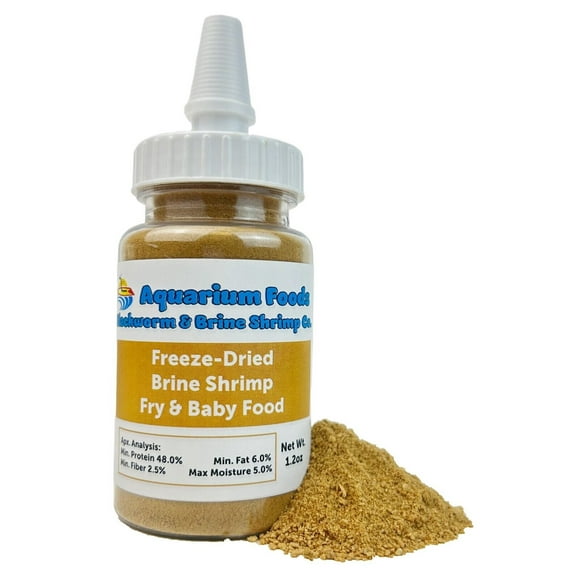 Aquatic Foods Inc. Brine Shrimp Powder-Small Bits Fry & Baby Food, for Freshwater Fish, Marine Fish, Baby Pond Fish, Corals, Anemones, All Tiny Nano Fish, Fry and Babies…1.2oz Sm Squeeze Bottle