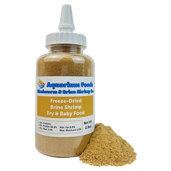 Aquatic Foods Inc. Brine Shrimp Powder-Small Bits Fry & Baby Food, for Freshwater Fish, Marine Fish, Baby Pond Fish, Corals, Anemones, All Tiny Nano Fish, Fry and Babies2.8oz Lg Squeeze Bottle