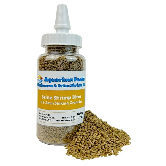 Brine Shrimp Sinking Bites for Guppies, Nano Fish, Cichlids, Discus, Corys, Tetras, Bettas all Tropical Fish - 2.1oz Squeeze Bottle