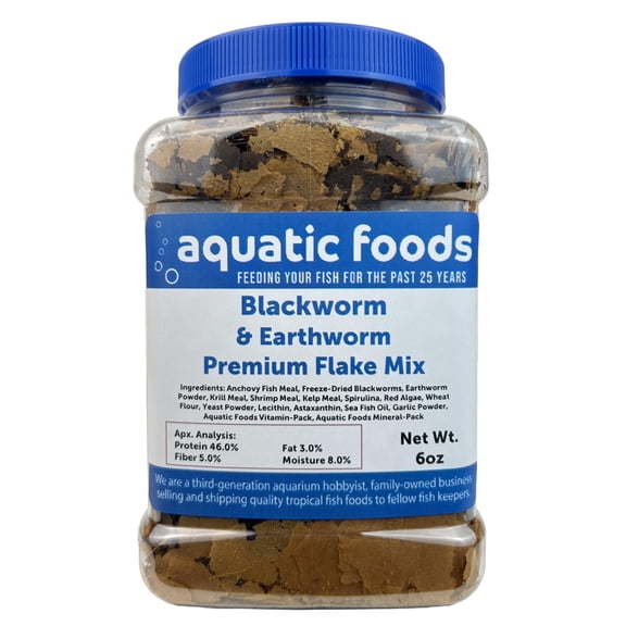 California Blackworm & Earthworm Premium Flakes for Discus, Cichlids all Tropical Fish also Pellet Mix, Wafer Mix Included - 6oz Jar