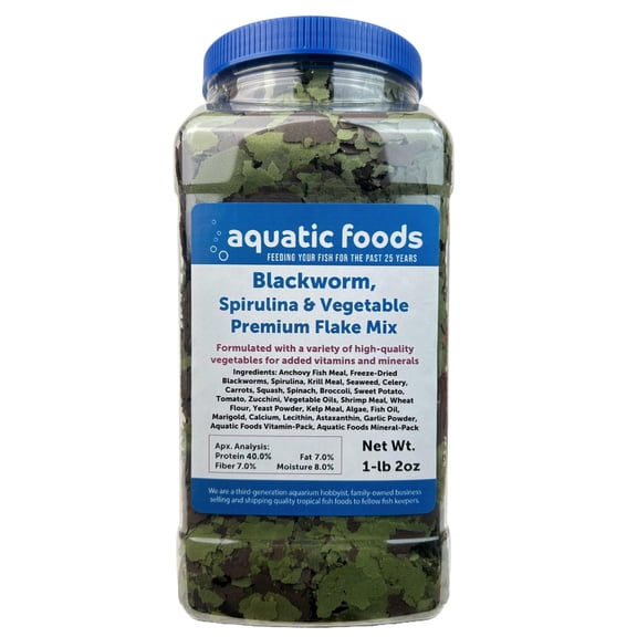 California Blackworm, Spirulina, Vegetable Premium Flakes for Discus, Cichlids all Tropical Fish also Pellet Mix, Wafer Mix Included - 1-lb 2oz Jar