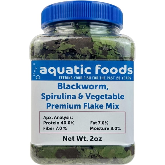 California Blackworm, Spirulina, Vegetable Premium Flakes for Discus, Cichlids all Tropical Fish also Pellet Mix, Wafer Mix Included - 2oz Jar