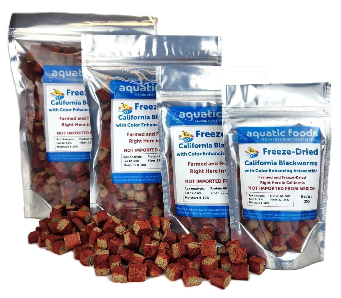 Aquatic Foods Inc. Freeze Dried California Blackworms, with Color Enhancing Astaxanthin for Discus, All Tropical Fish. Farmed and Freeze Dried in California USA! NOT Imported from Mexico…25 Grams