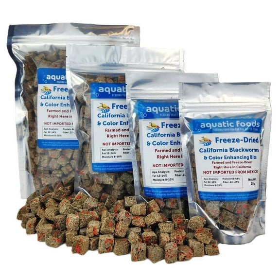 Aquatic Foods Inc. Freeze Dried California Blackworms with Intense Color Bits for Discus, Cichlids, All Tropical Fish. Farmed and Freeze Dried in California USA! NOT Imported from Mexico50 Grams