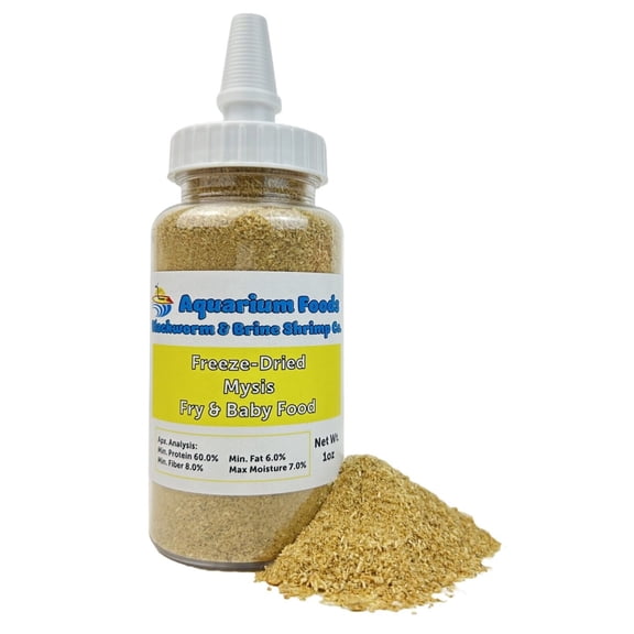 Aquatic Foods Inc. Freeze Dried Floating Mysis Shrimp for Freshwater Fish, Marine Fish, Baby Pond Fish, Invertebrates, Corals, Anemones, All Tiny Nano Fish, Fry and Babies1oz Med Squeeze Bottle