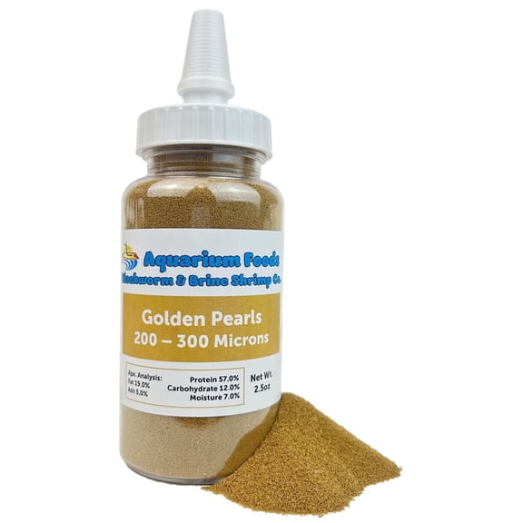 Aquatic Foods Inc. Golden Pearls 200-300 Microns for Tropical Fish Fry, Babies, Guppies, Tetras, Bettas, Nano Fish, for Corals, Anemones, Reef Tanks2.5oz Squeeze Bottle