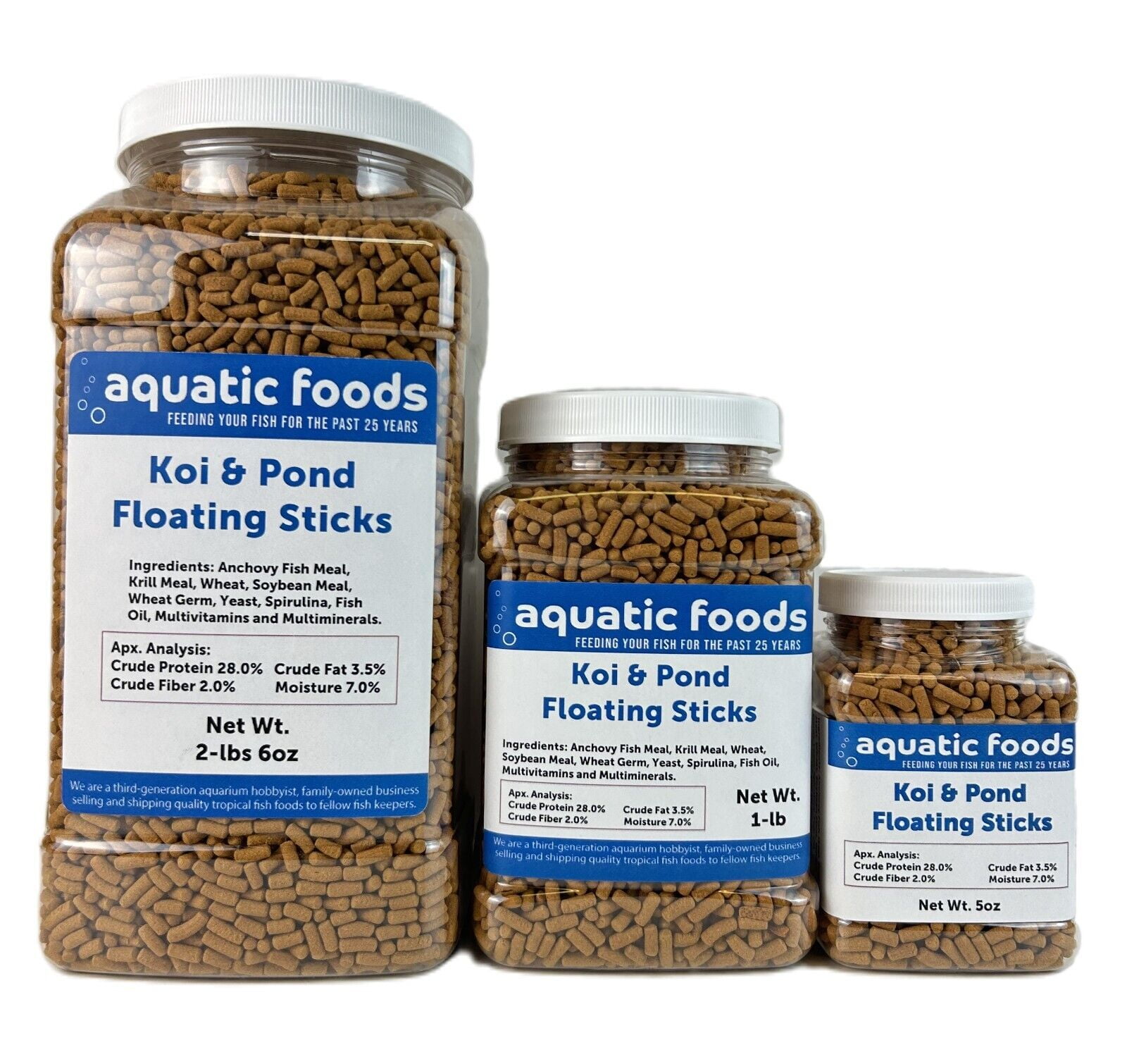 Aquatic Foods Inc. Koi 7/16" x 5/32" 28% Protein Floating Sticks for Koi, Goldfish, All Pond Fish, All Aquatic Turtles...WL 2-lbs 6oz Lg Jar