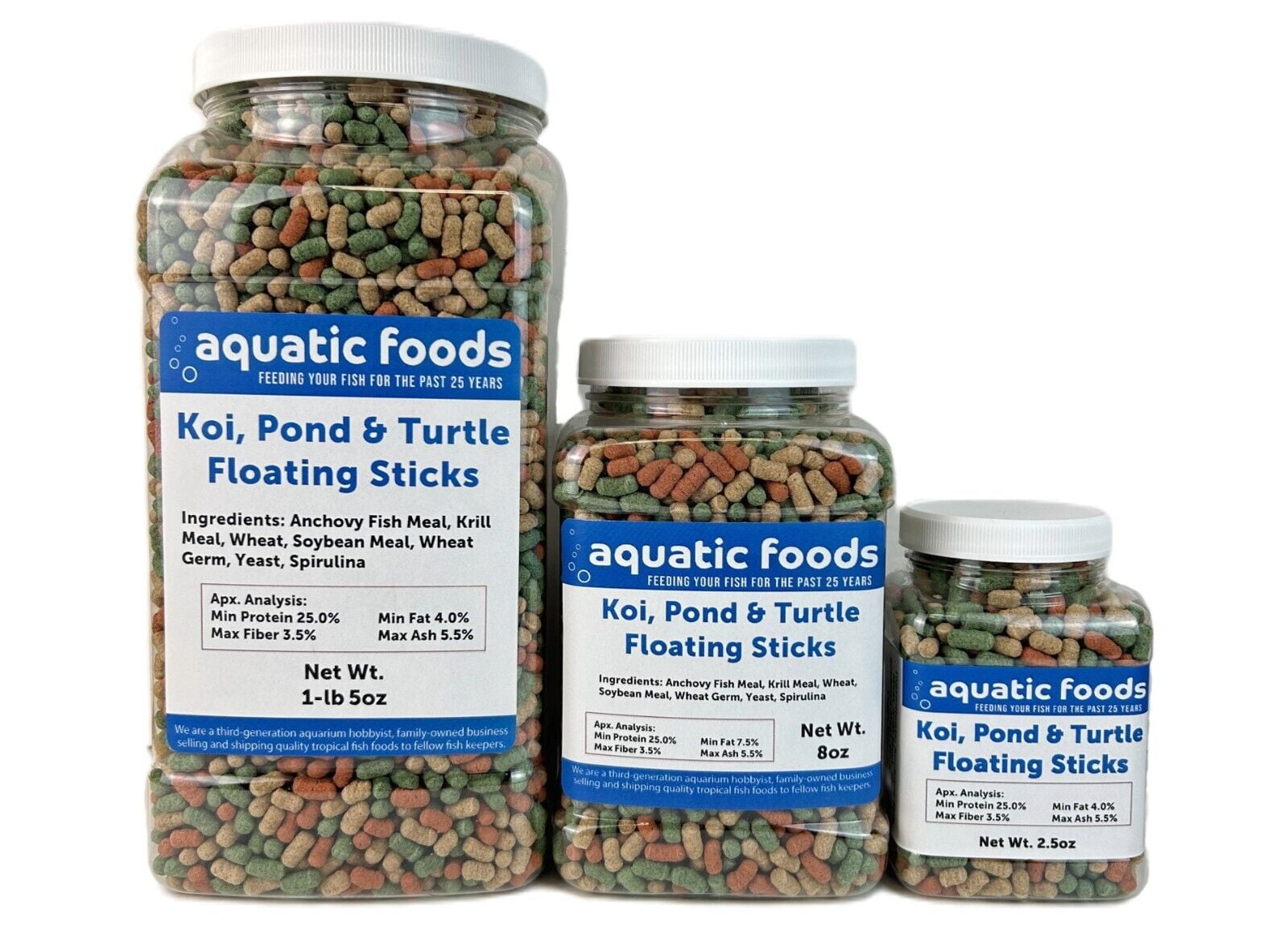 Aquatic Foods Inc. Koi 7/16" x 5/32" 30% Protein Floating Sticks. Spirulina, Color Enhancing & Wheat Germ Sticks for Koi, All Pond Fish, Aquatic Turtles...WL 1-lb 5oz Lg Jar