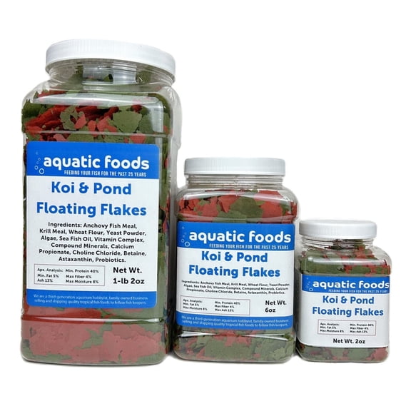 Aquatic Foods Inc. Koi & Pond Fish Flakes. Arctic Krill Flakes which contain Natural Carotenoids & Astaxanthin that will enhance the vibrant colors of Fish...WL 6oz Med Jar