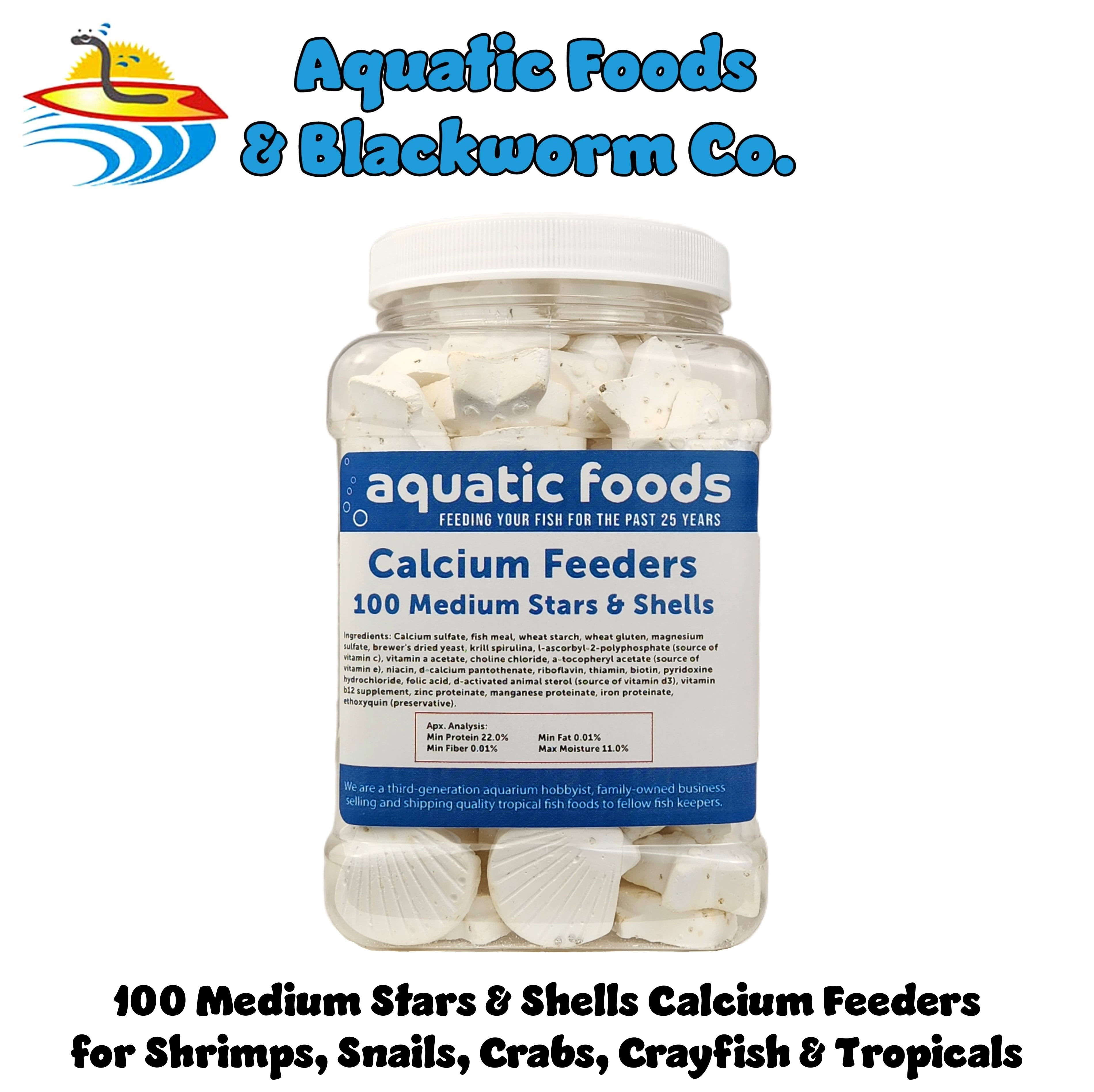 Calcium Feeders, Medium Stars & Shells for Shrimp, Snails, Crabs, Crayfish, Hermit Crabs and All Tropical Fish - 100 Count Jar