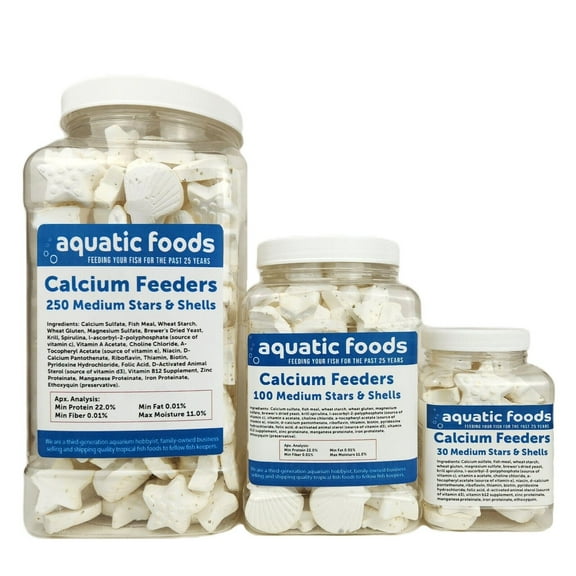 Calcium Feeders, Medium Stars & Shells for Shrimp, Snails, Crabs, Crayfish, Hermit Crabs and All Tropical Fish - 30 Count Jar