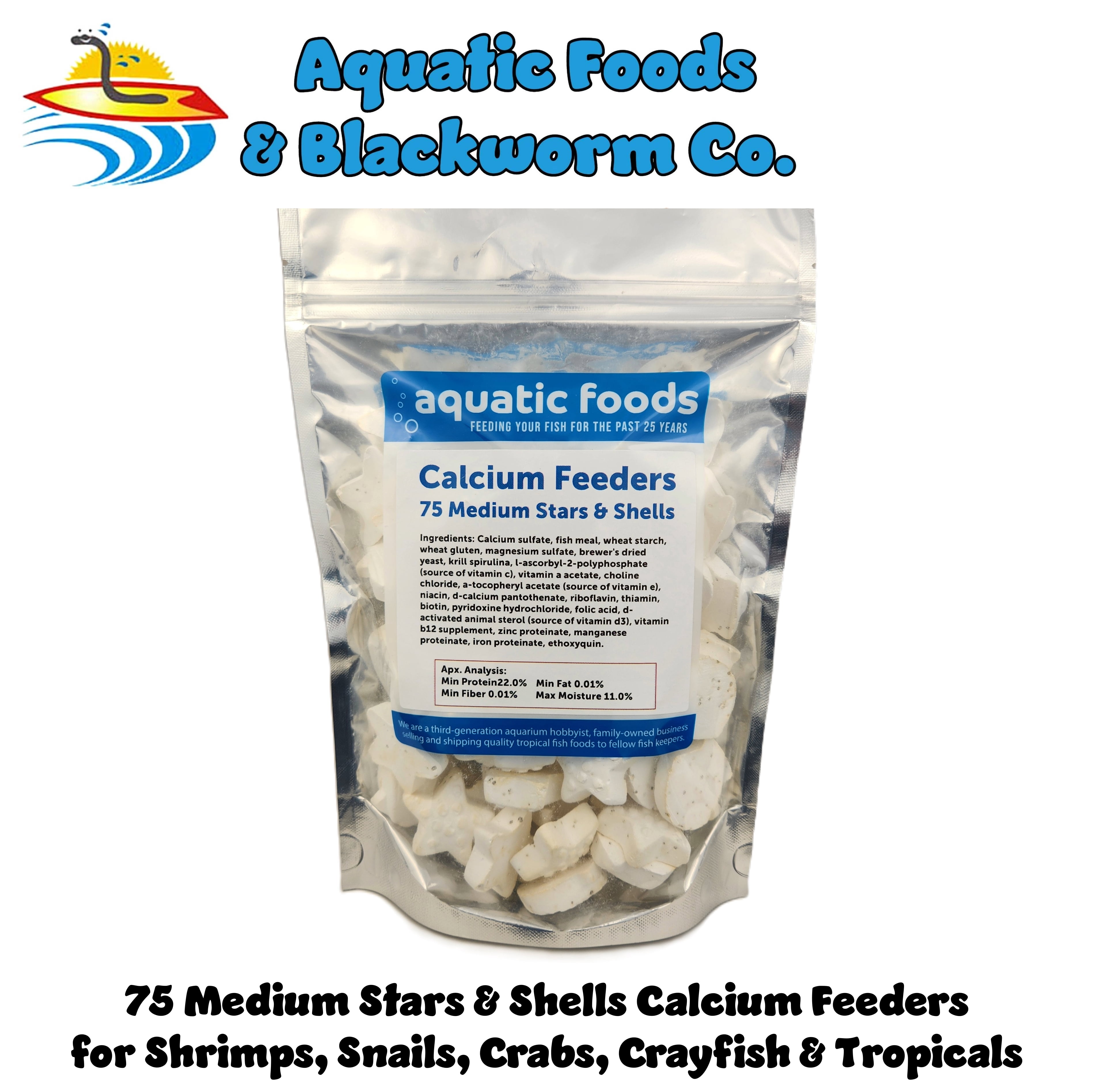 Calcium Feeders, Medium Stars & Shells for Shrimp, Snails, Crabs, Crayfish, Hermit Crabs and All Tropical Fish - 75 Count Bag