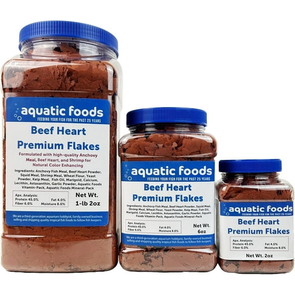 Beef Heart Flakes, 45% Protein Beef Heart Flakes for Discus, Cichlids, Carnivore Tropical Fish also Pellet Mix, Wafer Mix Included - 2oz