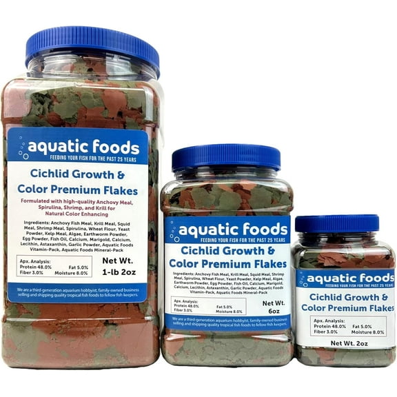 Aquatic Foods Inc. Premium Cichlid Growth and Color Enhancing Flakes with Spirulina, Color Enhancing Astaxanthin also Pellet Mix, Wafer Mix Included6oz