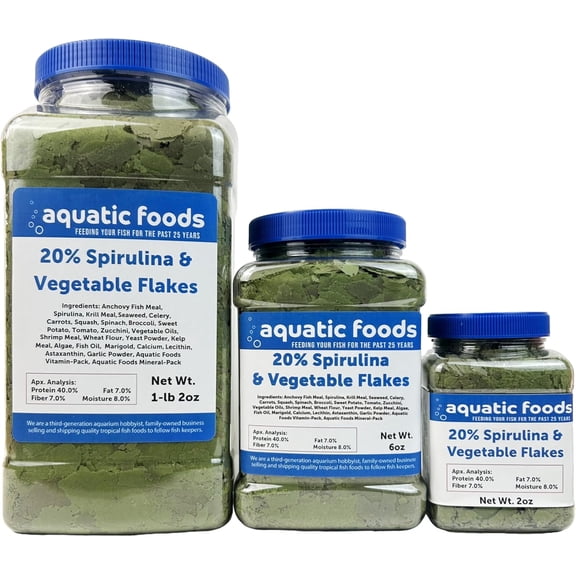 Aquatic Foods Inc. Premium Spirulina & Vegetable Flakes with 20% Spirulina for African Cichlids, Angle Fish, All Tropical Fish also Pellet Mix, Wafer Mix Included1-lb 2oz