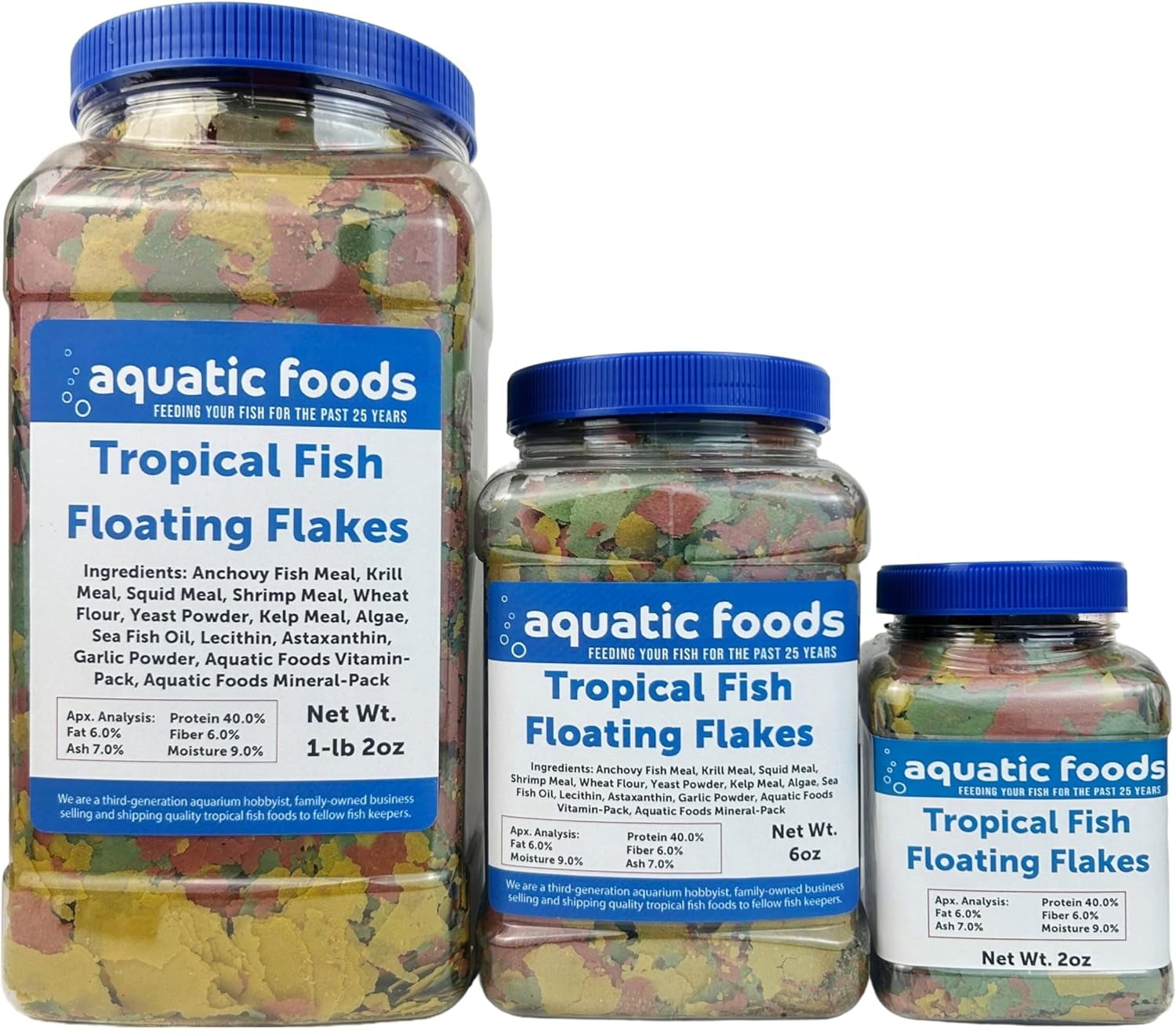Aquatic Foods Inc. Premium Tropical Fish Flakes, Mix of Krill, Color Enhancing, Spirulina Flakes for Cichlids, Angels, Goldfish, All Tropical Fish also Pellet Mix, Wafer Mix Included2oz