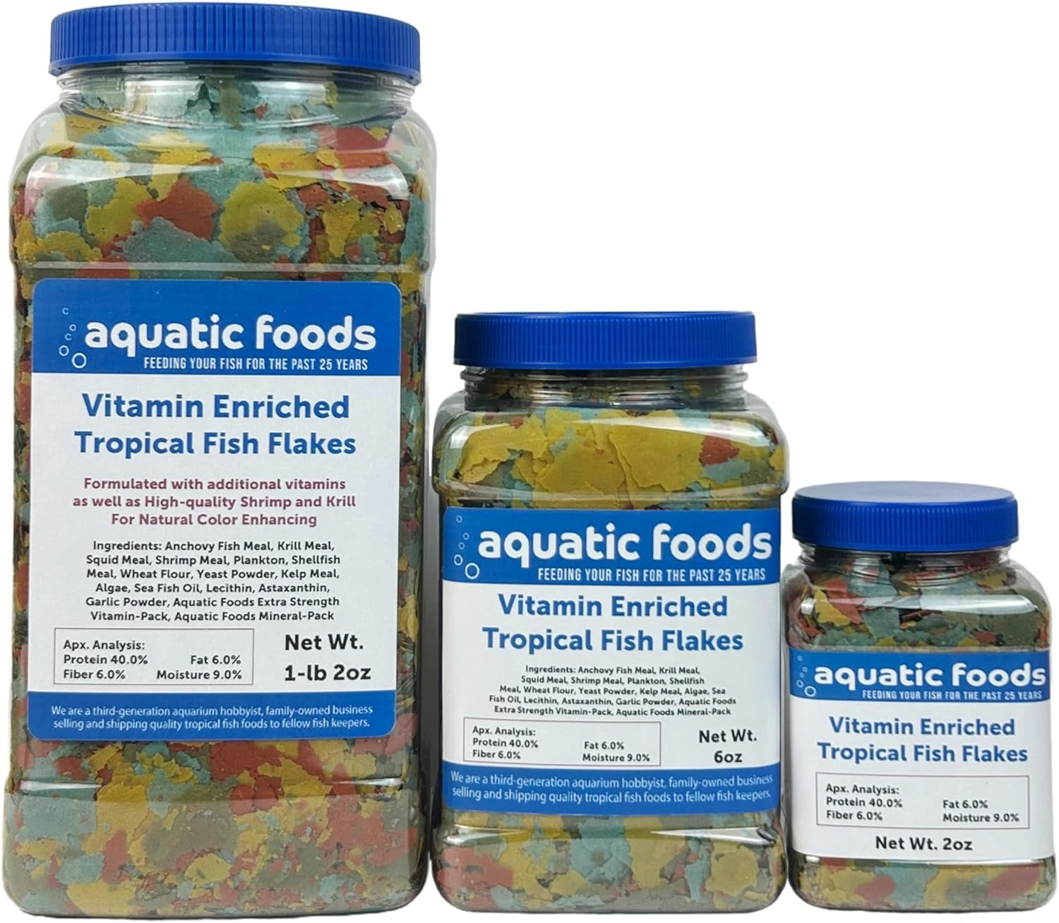 Aquatic Foods Inc. Premium Vitamin Enriched Tropical Fish Flakes, Vitamin Pack, Krill, Color Enhancing, Spirulina Flakes for All Tropical Fish also Pellet Mix, Wafer Mix Included1-lb 2oz