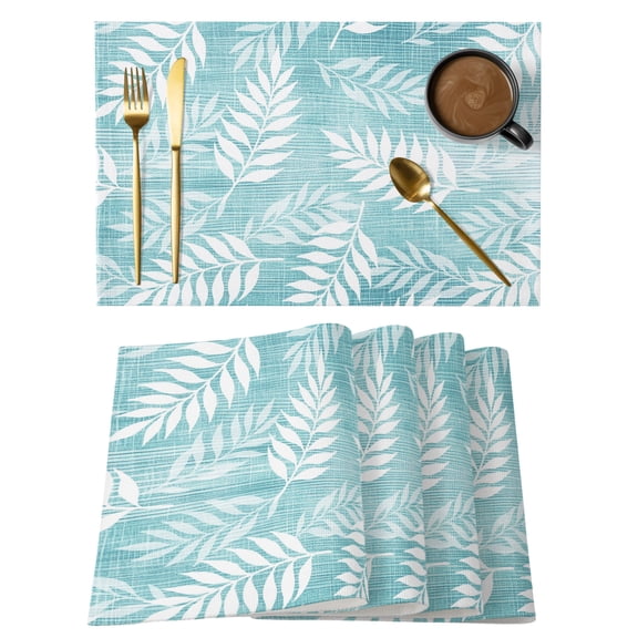 Aquatic Fronds Cotton Linen Placemats Set of 1, Turquoise Teal Leaf Plant Canvas Weave Texture Washable Table Place Mats Heat Insulating Placemat for Dining Room Kitchen Daily Use 13 x 19 Inch