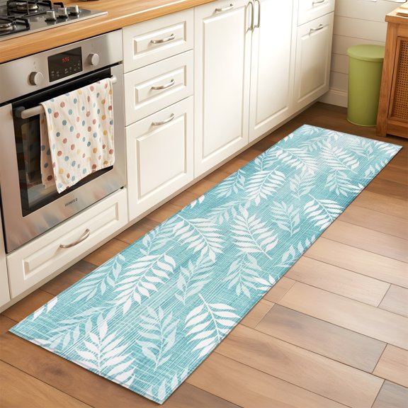Aquatic Fronds Hallway Washable Runner Rug 2x6 Turquoise Teal Leaf Plant Canvas Weave Texture Kitchen Runner Mat with Non Slip Backing Low Pile Thin Floor Carpet for Indoor Bedroom Living Room