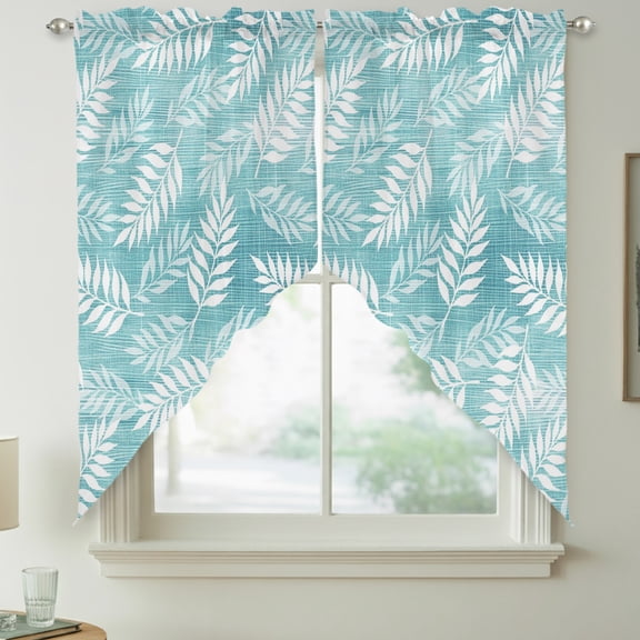 Aquatic Fronds Swag Kitchen Curtain Valances, Turquoise Teal Leaf Plant Canvas Weave Texture Rod Pocket Curtains Window Treatment Decor Valances for Bedroom Bathroom, 2 Panels 28 x 36 Inch