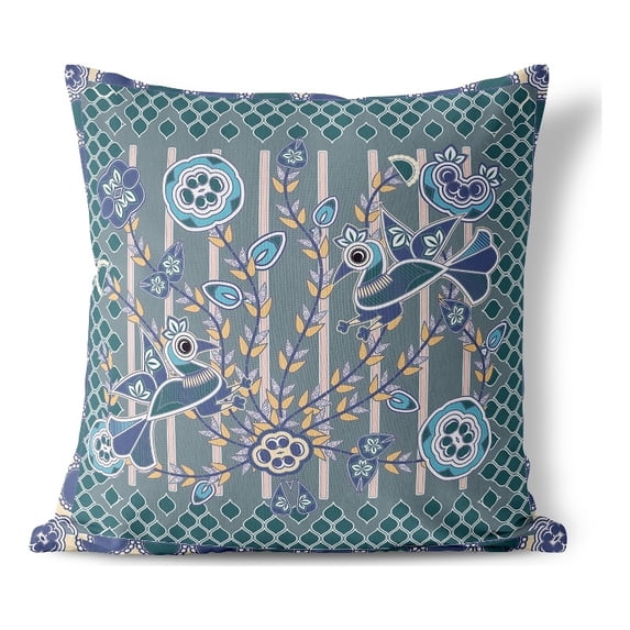 Aquatic Peacock Indoor/Outdoor Pillow with Removable Cover in Gray 20x20