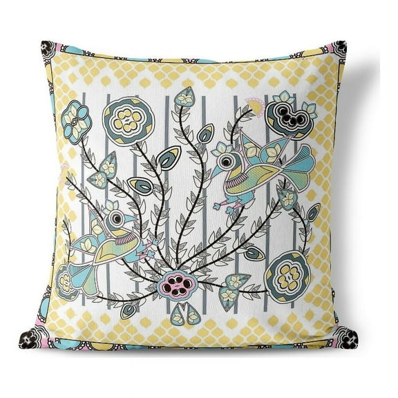 Aquatic Peacock Indoor/Outdoor Pillow with Removable Cover in Yellow 16x16