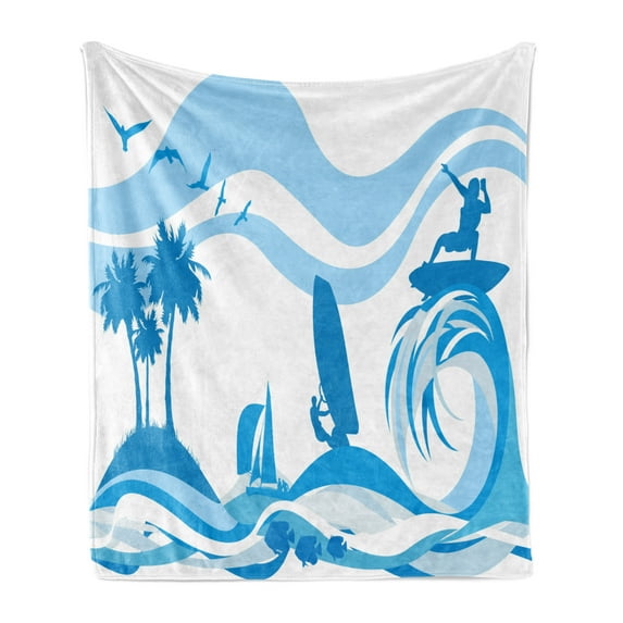 Aquatic Soft Flannel Fleece Blanket, Surfer on Waves Water Sports Recreation Palms Sea Sailboats Summertime Holiday, Cozy Plush for Indoor and Outdoor Use, 70" x 90", Blue Pale Blue, by Ambesonne