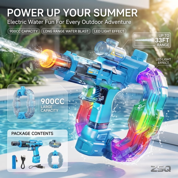 Aquaticblast Electric Water Blaster 900CC High Capacity Water Gun with LED Lights, Automatic Outdoor Water Sprayer, Long Range Water Stream Blaster for Pool, Beach and Water Sports Activities