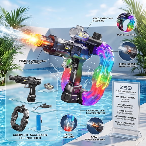 Aquaticblast Electric Water Blaster 900CC Large Capacity Water Gun with LED Light, Automatic Water Sprayer, 30FT Long Range Outdoor Pool Water Blaster for Water Sports Activities, Black Blue