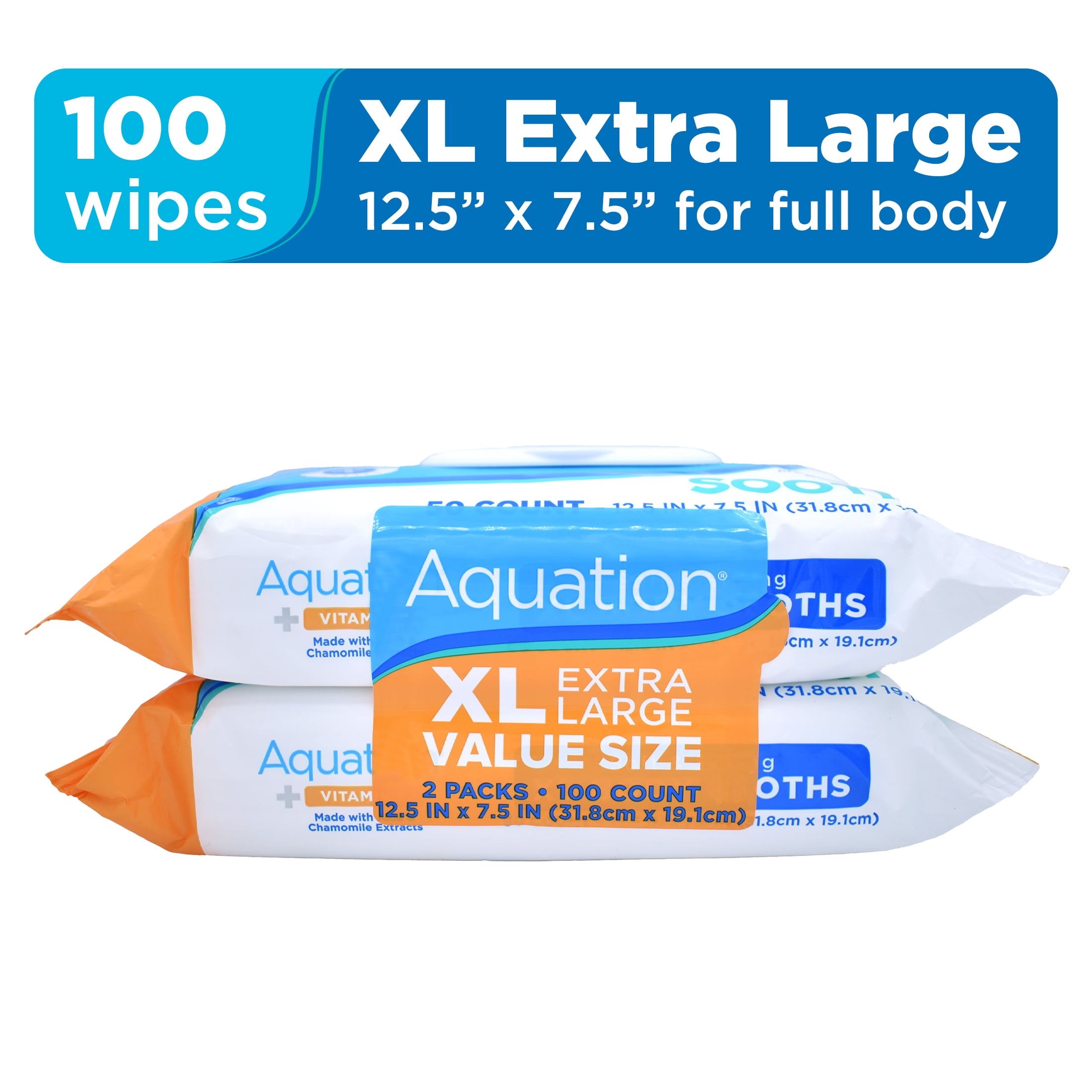 Aquation Extra Large XL Cleansing & Soothing Body Cloths Wipes with Vitamin E, 50 Count, 2 Pack
