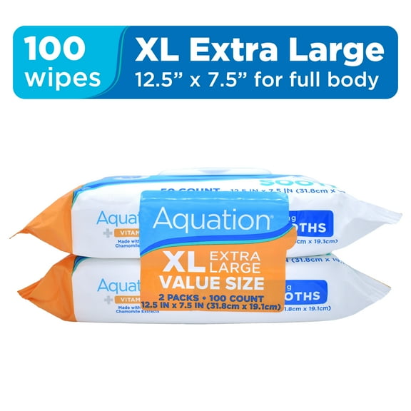Aquation Extra Large XL Cleansing & Soothing Body Cloths Wipes with Vitamin E, 50 Count, 2 Pack
