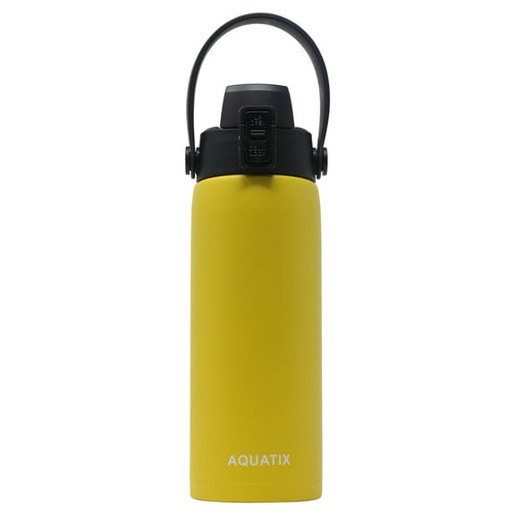 Aquatix (Lemon Yellow, 21 Ounce) Pure Stainless Steel Double Wall Vacuum Insulated Sports Water Bottle Convenient Flip Top Cap with Removable Strap Handle - Keeps Drinks Cold 24 hr/Hot 6 hr