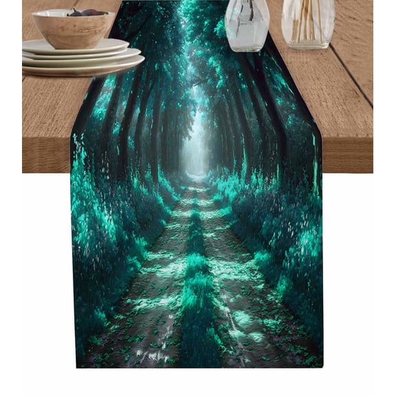 Aque Trees Table Runner Cotton Linen 48 Inch Holiday Dresser Scarves,Forest Art Decor Spring Summer Nature Leaf Tablerunner for Kitchen Coffee Dining Bedroom Living Room Dinner Scarf Décor 13''x48''