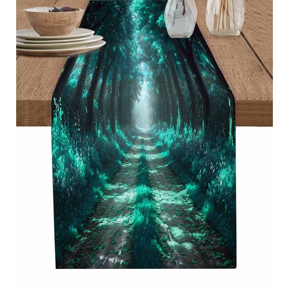 Aque Trees Table Runner Cotton Linen 90 Inch Holiday Dresser Scarves,Forest Art Decor Spring Summer Nature Leaf Tablerunner for Kitchen Coffee Dining Bedroom Living Room Dinner Scarf Décor 13''x90''