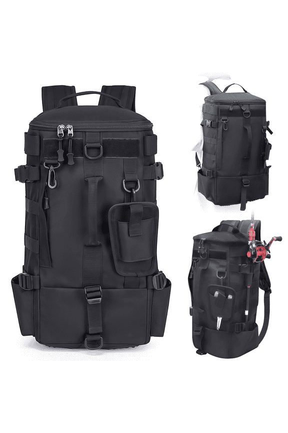 Fishing Backpack, Rod Holder Fishing Backpack, Tackle Sling Bag with Rod Holder, Black