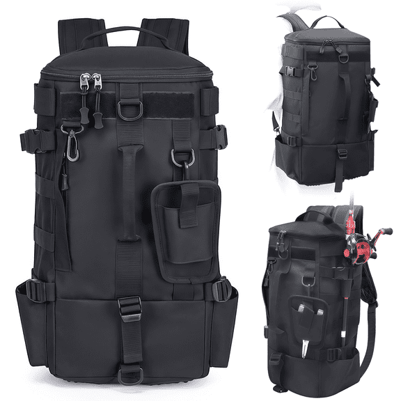 AGOPLEE Fishing Backpack, Tackle Sling Bag with Rod Holder, Black, Unisex