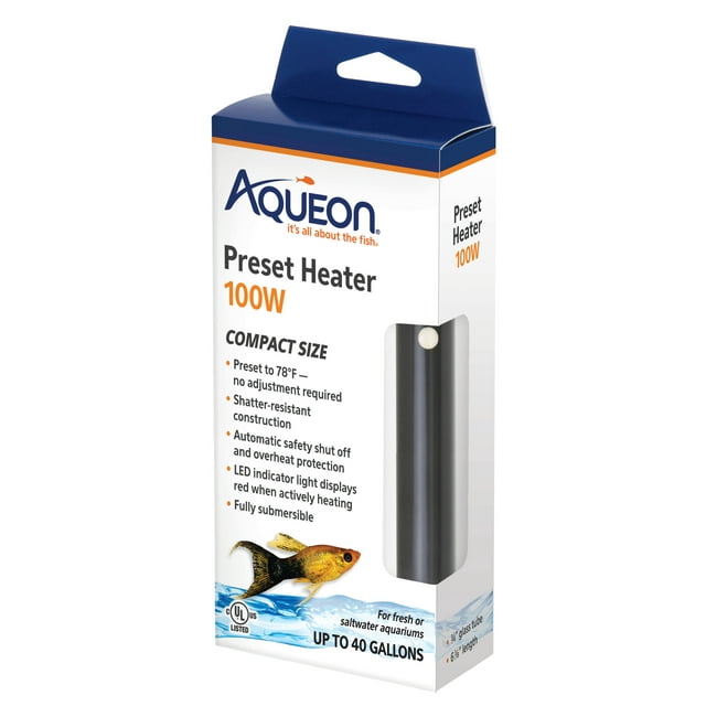 Aqueon Preset Aquarium Heater Black, 100 Watts, Up to 30 Gallons