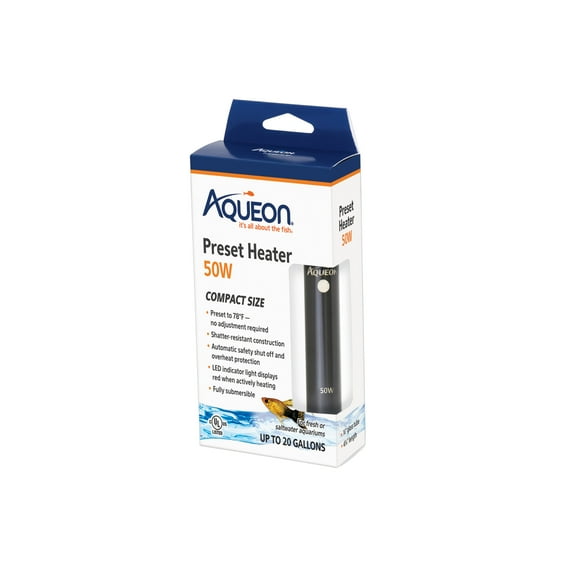 Aqueon Preset Aquarium Heater Black, 50 Watts, Up to 20 Gallons