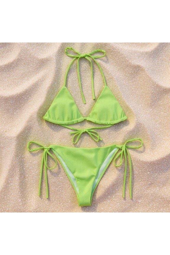 Aquila Palms Women's Green Triangle Bikini Set, Adjustable Tie-Side Two-Piece Swimsuit, UPF 50+