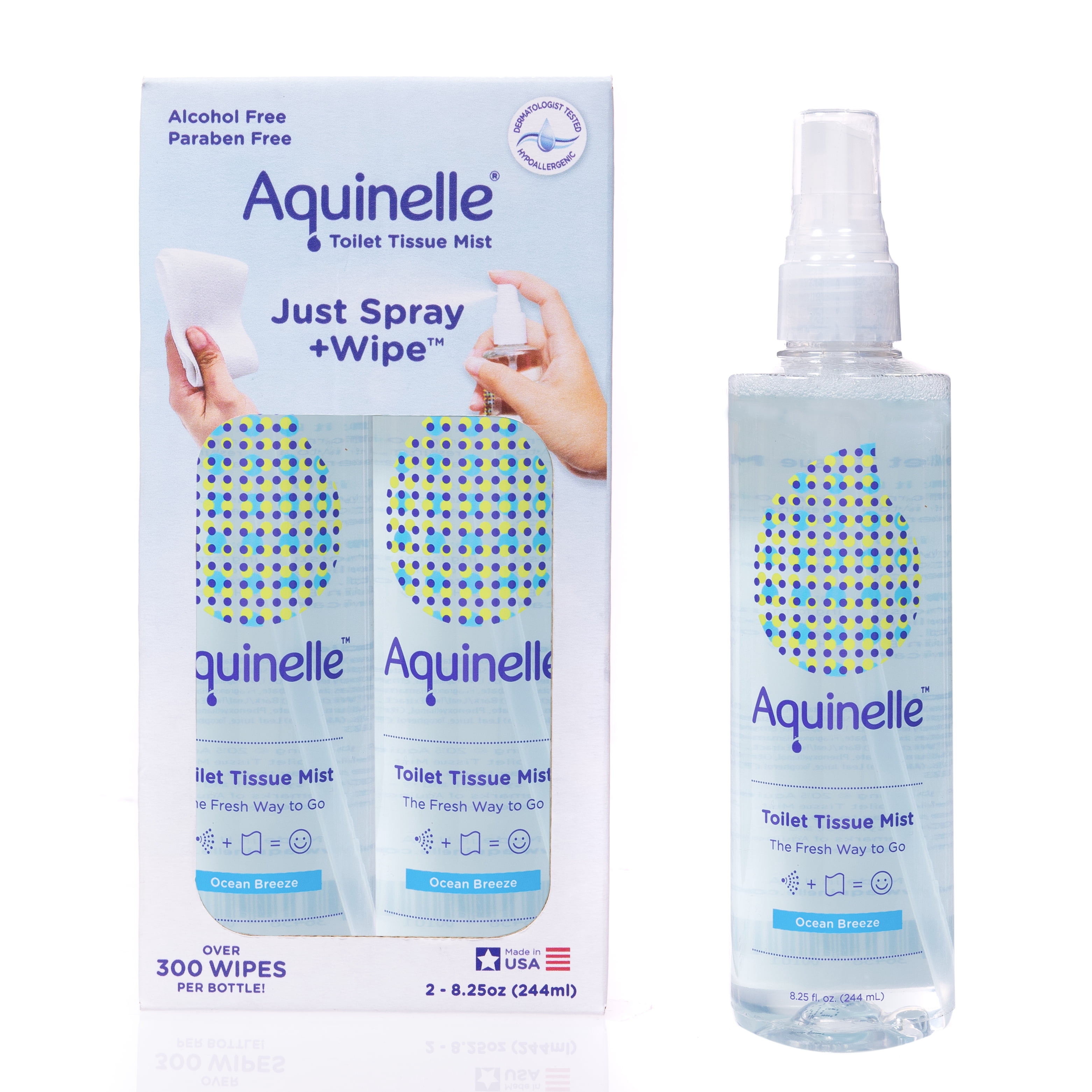 Aquinelle Toilet Tissue Mist, Eco-Friendly & Non-Clogging Alternative to Flushable Wipes Simply Spray On Any Folded Toilet Paper 2PK OCEAN BREEZE 8.25OZ