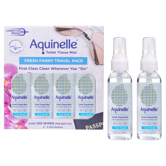 Aquinelle Toilet Tissue Mist Value Pack of 4 Convenient 3.25oz Bottles Non-Clogging Alternative to Flushable Wipes Simply Spray On ANY Folded Toilet Paper