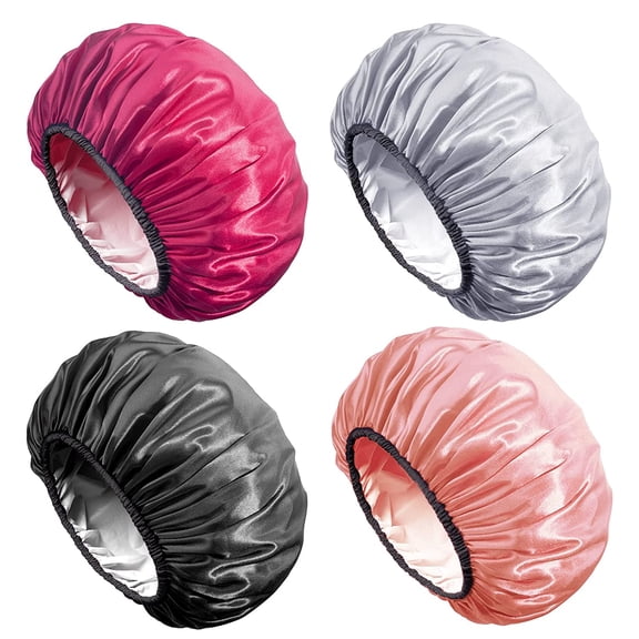 Aquior Shower Caps for Women Extra Large Long Hair Double Layer Waterproof Hair Cap Reusable Bathing Shower Cap, 4 Pieces (Rose Red-Black-Champagne-Silver)