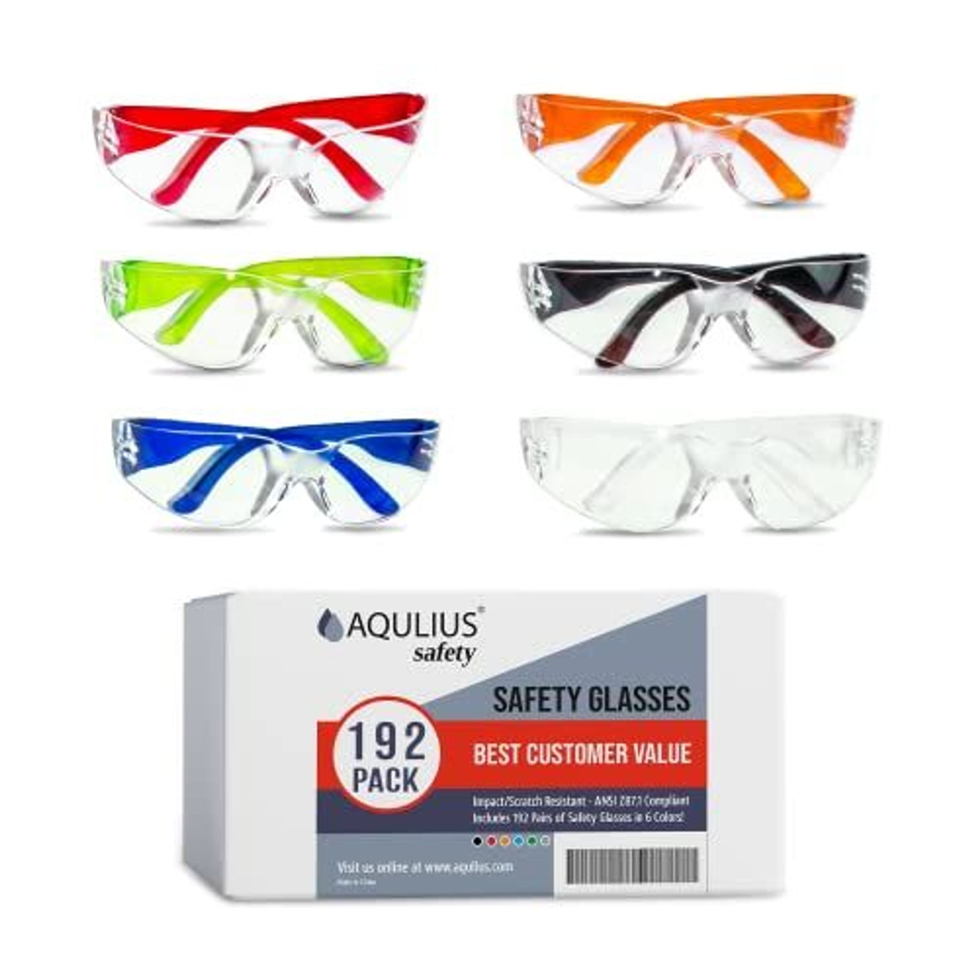 Aqulius 192 Pack of Safety Glasses (6 Colors - Protective Goggles) Anti-Fog Crystal Clear Glasses for Nurses, Construction, Labs, and Shooting Glasses Men & Women