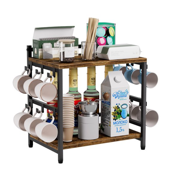 Aquzee Coffee Mug Organizer For Countertop, 2-Tier 15.7" W * 9.8D Large Coffee Bar Storage For Home Coffee Station